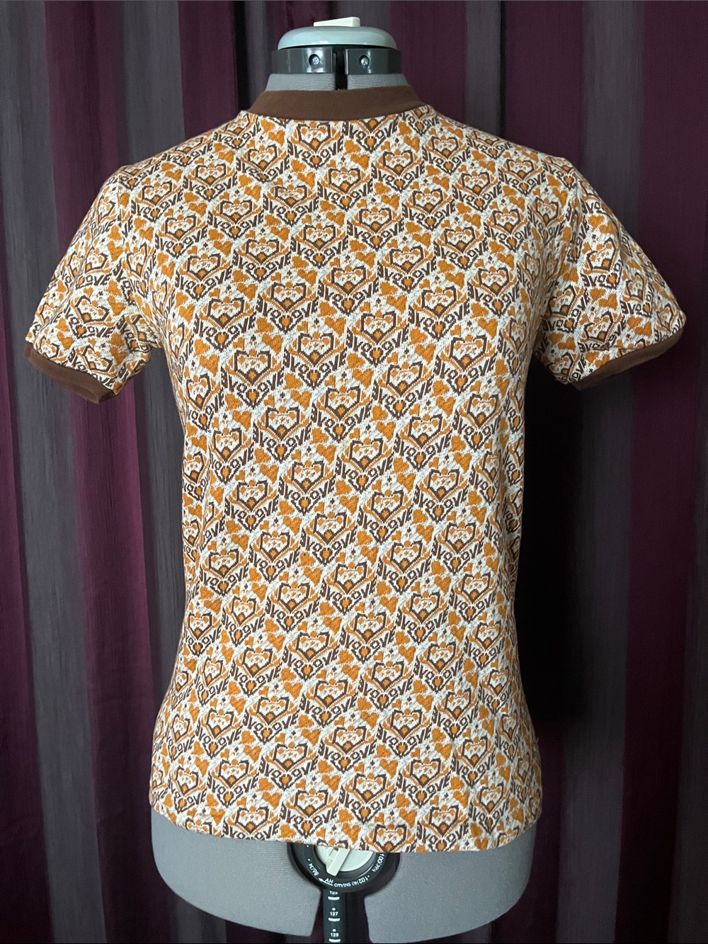 60s/70s Lady Sevia Novelty Knit Ringer Tee, Orange & Tan, Size S
